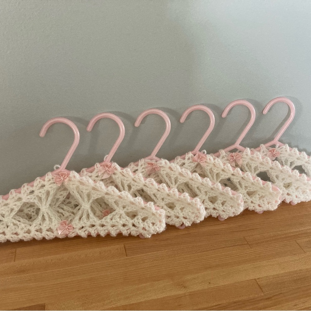 Set of 6 Cottagecore Pink Crochet Child Clothes Hangers in Mint Condition